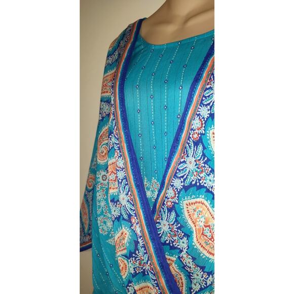 Chicos Caftan Sheer Top Womens Large Turquoise Beaded Boho Flowy Hi Low Shimmery - Picture 7 of 16